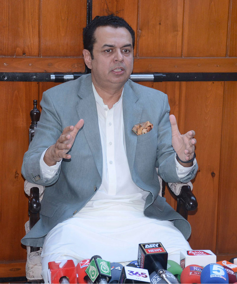PMLN Central Leader/former State Minister, Senator Talal Chaudhary is addressing a press conference at his residence