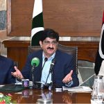 Sindh Chief Minister Syed Murad Ali Shah flanked by provincial ministers Sharjeel Memon and Sardar Muhammad Bux Mahar, addresses a press conference at CM House