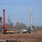 Heavy-duty piling rigs stand idle at an under-construction site as foundation work continues for a major development project at the Chak Shahzad area in the Federal Capital