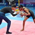 Wrestlers participate in trials of Pakistan National Wrestling Championship, a premier talent hunt program organized by Divisional Wrestling Association at Shahbaz Sharif Sports Complex