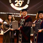 Sindh Minister for Universities and Boards Muhammad Ismail Rahoo presents a certificate to a successful student during the 29th Academic Convocation and Career Fair 2026 at Mehran University of Engineering & Technology, Jamshoro