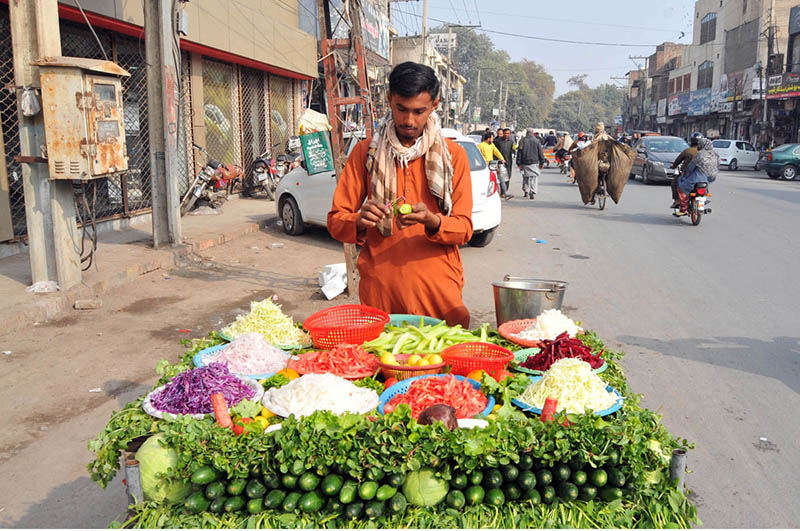 A roadside vendor prepares fresh vegetable salad at his cart along a busy city street, attracting customers with neatly arranged seasonal vegetables on a sunny afternoon