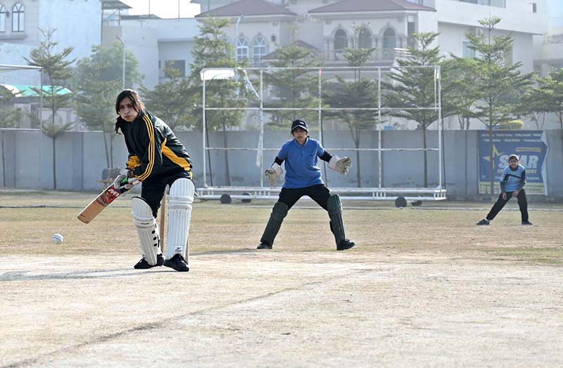 A view of cricket match played between Government Women Graduate College Farooq Colony and Iqra Girls College teams during Inter Collegiate Cricket Tournament organized by Education Board at Tehsil Sports Complex