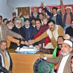 Local leadership of the Pakistan People’s Party (PPP) cuts a cake to mark the 98th birth anniversary of the party’s founder and former Prime Minister, Shaheed Zulfikar Ali Bhutto, during a ceremony
