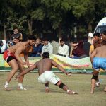 A view of the Kabaddi match played between Ittehad Kabaddi Club and Ali Shahanshah Kabaddi Club during Faisalabad Commissioner Gold Kabaddi Tournament at Bohran Wali Ground