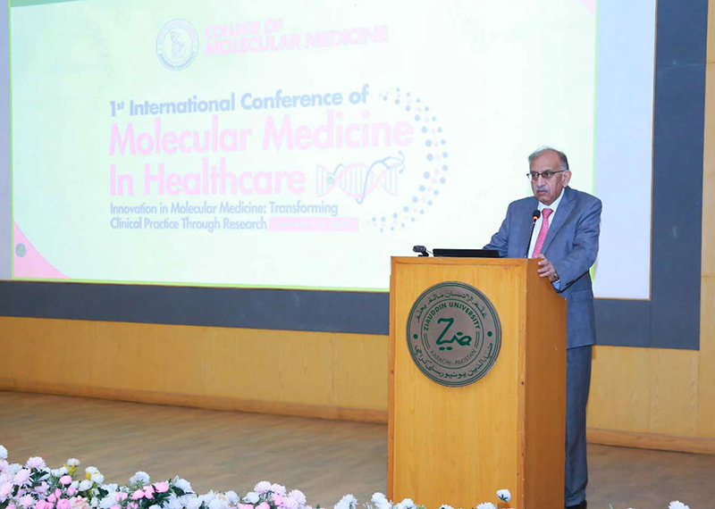 Sindh Higher Education Commission chairman Dr SM Tariq Rafi addressing to International Conference at Ziauddin University