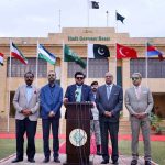 Governor Sindh Kamran Khan Tesori speaks to the media at the Governor House, accompanied by Secretary General of the Islamic Chamber of Commerce and Development Yousuf Hassan Khalavi, former Vice President FPCCI Khalid Toub, and others