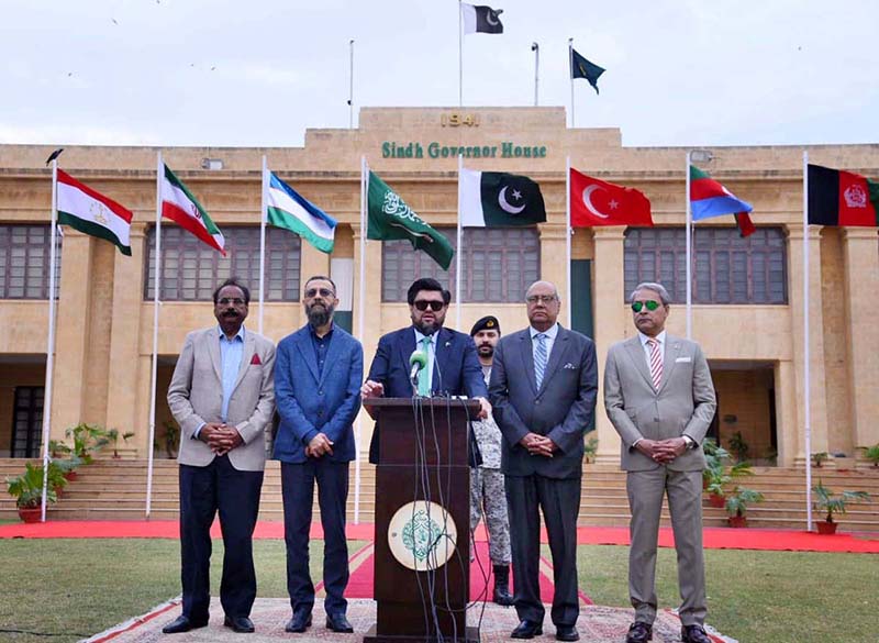 Governor Sindh Kamran Khan Tesori speaks to the media at the Governor House, accompanied by Secretary General of the Islamic Chamber of Commerce and Development Yousuf Hassan Khalavi, former Vice President FPCCI Khalid Toub, and others