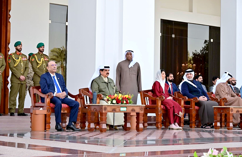 President Asif Ali Zardari and First Lady Bibi Aseefa Bhutto Zardari being shown the world-renowned Arabian horse collection by His Majesty King Hamad bin Isa Al Khalifa at the Royal Stud