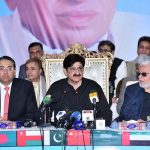 Sindh Chief Minister Syed Murad Ali Shah talking to media persons during 21st My Karachi Oasis of Harmony International Exhibition 2026 at Karachi Expo Centre