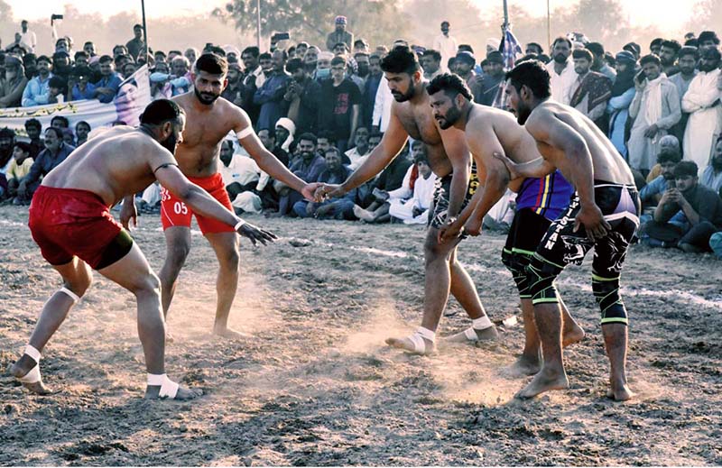 Yazman and Bahawalpur players compete in a Kabaddi match at the TDCP 21st International Cholistan Desert Rally 2026 at Dilwash Stadium