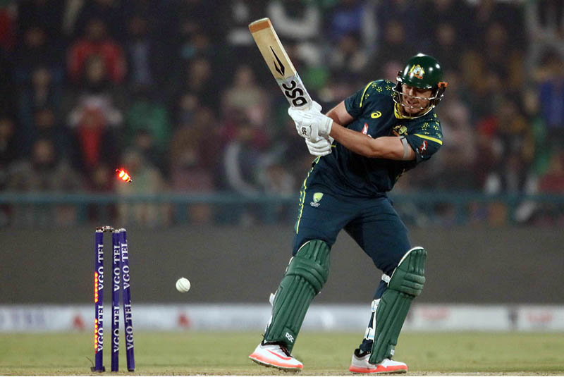 Australia's batter Matthew Renshaw bowled out by Shaheen Afridi during the third Twenty20 international cricket match between Pakistan and Australia at the Gaddafi Stadium