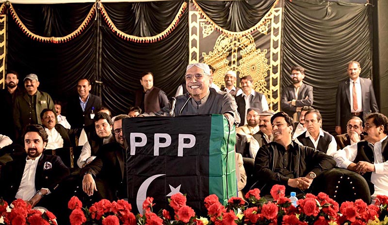 President Asif Ali Zardari addresses a public gathering at the residence of President PPP South Punjab Makhdoom Ahmed Mahmood