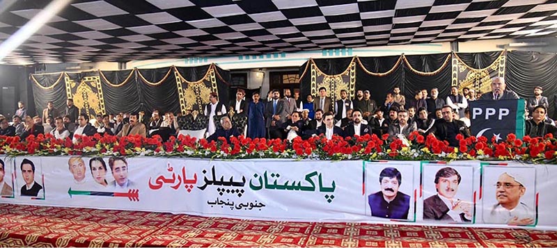 President Asif Ali Zardari addresses a public gathering at the residence of President PPP South Punjab Makhdoom Ahmed Mahmood