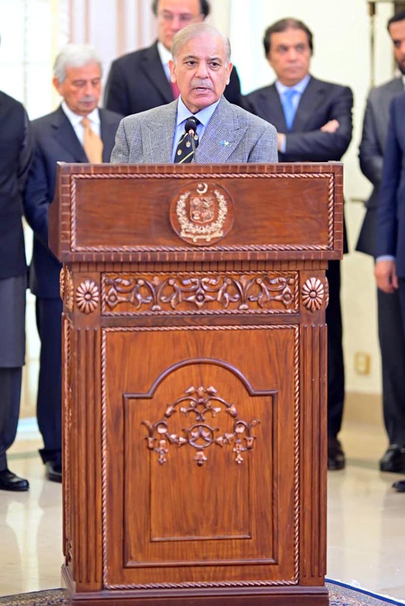 Prime Minister Muhammad Shehbaz Sharif addresses the joint Press Stakeout at Prime Minister’s House